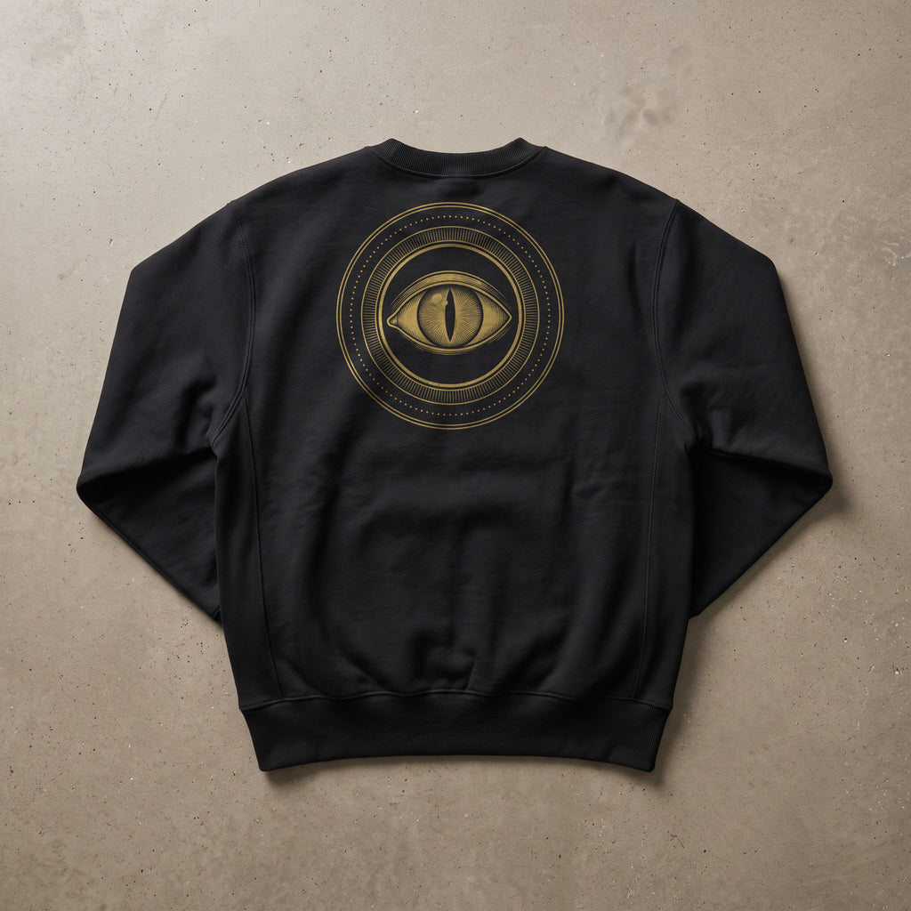 Sacred Sovereign Heavyweight Crewneck, back seal, flat lay