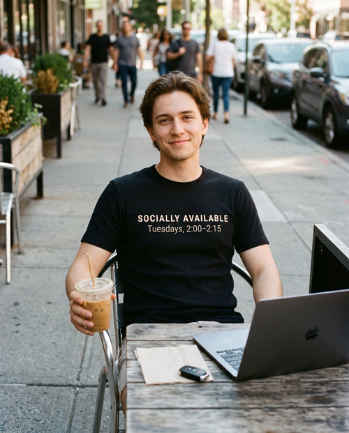 Socially Available Tee in black worn at an outdoor cafe table