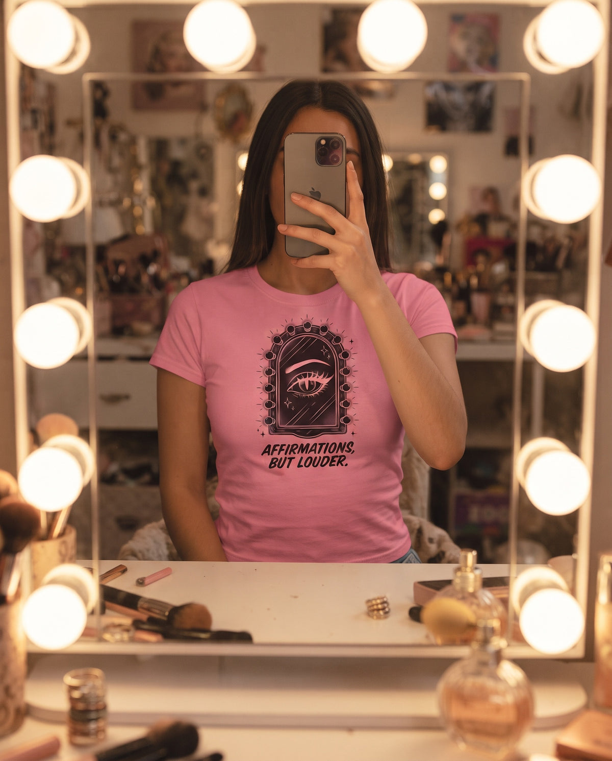 But Louder Tee mirror selfie at a vanity