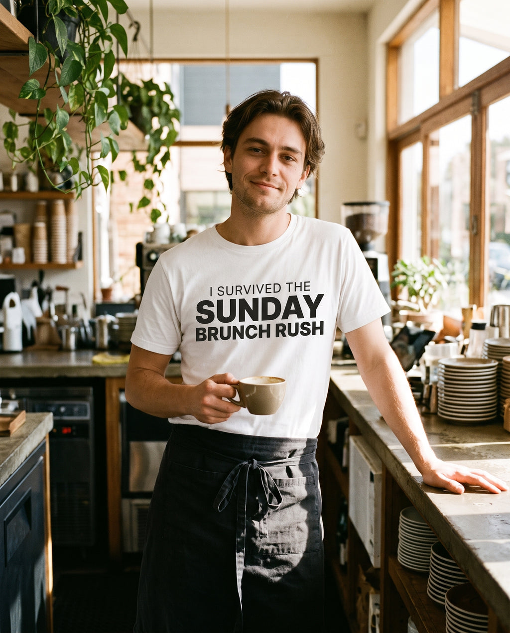 Brunch Rush Tee in white worn by a server at a sunny cafe counter