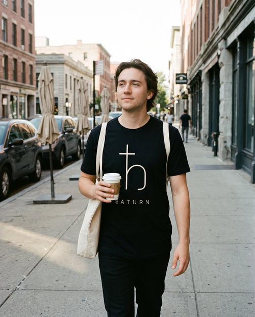 Saturn Tee in black worn on a city street on a Saturday morning