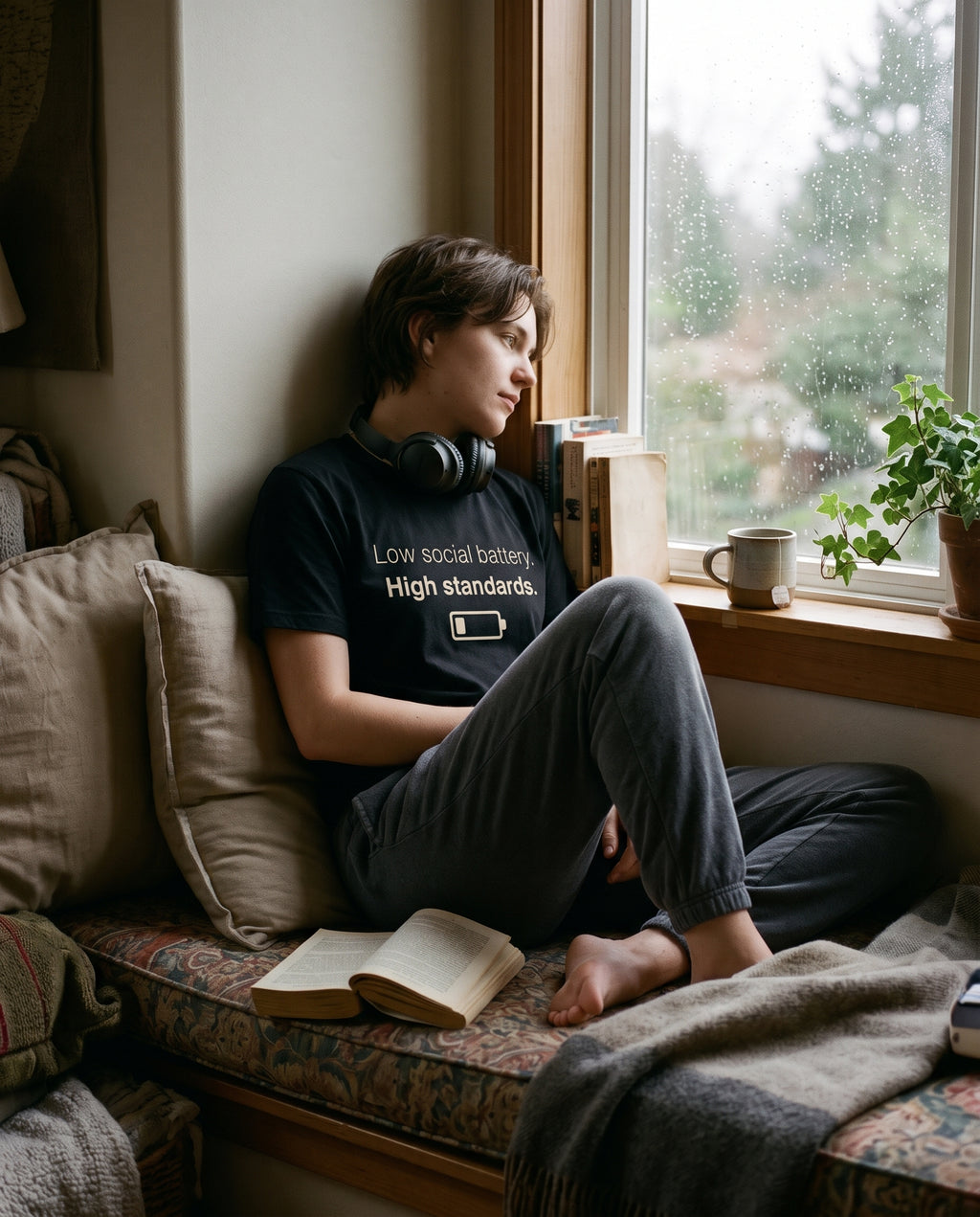 Low Social Battery Tee in black worn on a cozy window seat