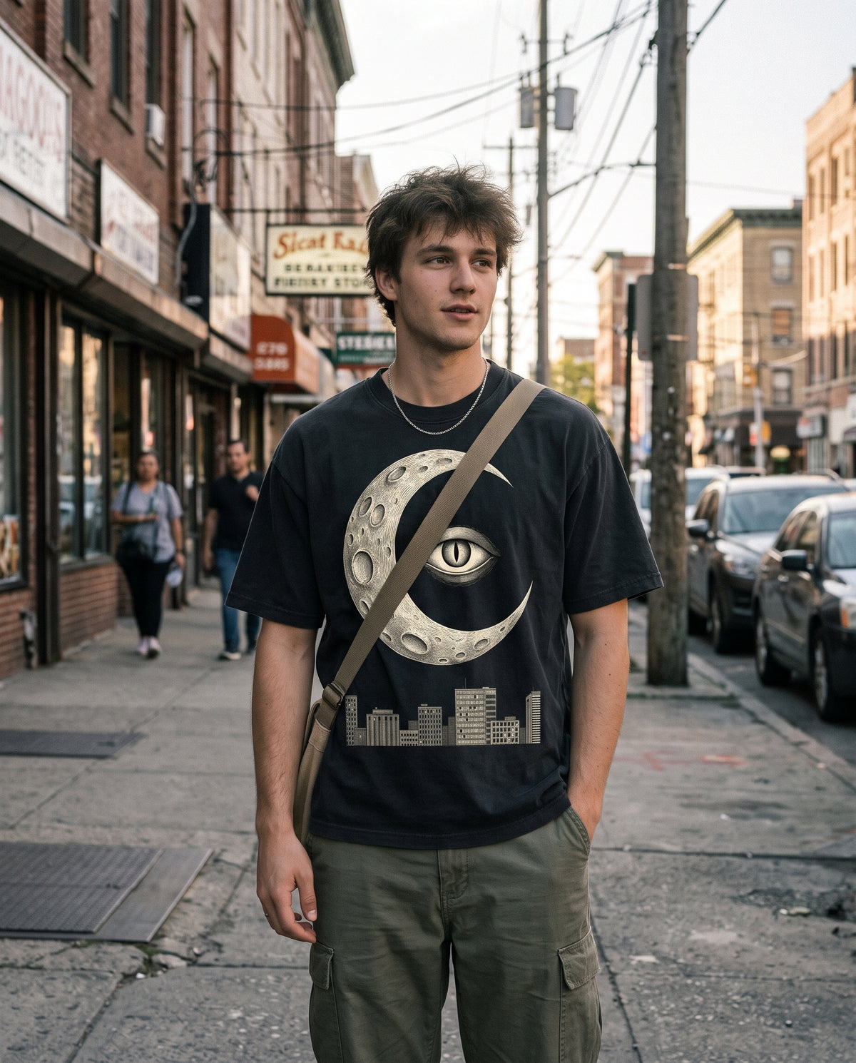 Night Shift Tee worn on a city street, crescent moon eye and skyline print