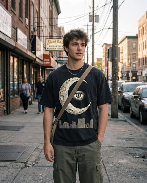 Night Shift Tee worn on a city street, crescent moon eye and skyline print