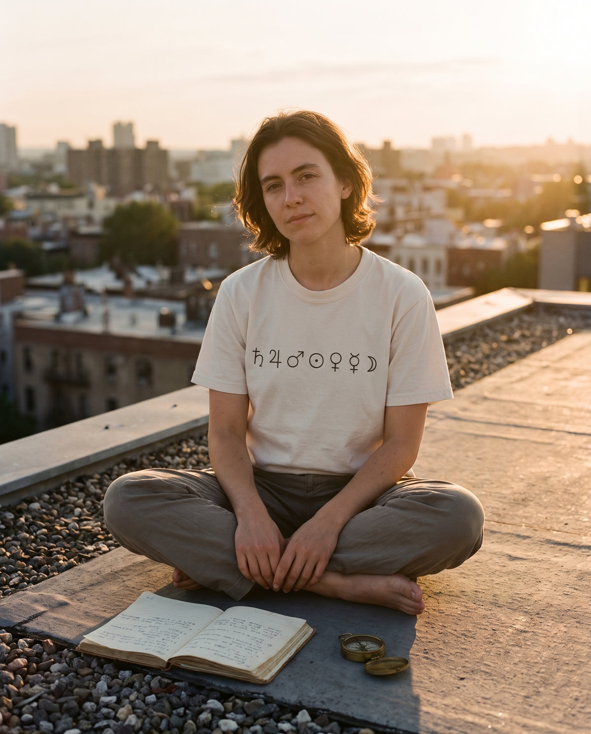 Seven Planets Tee in natural worn on a rooftop at golden hour