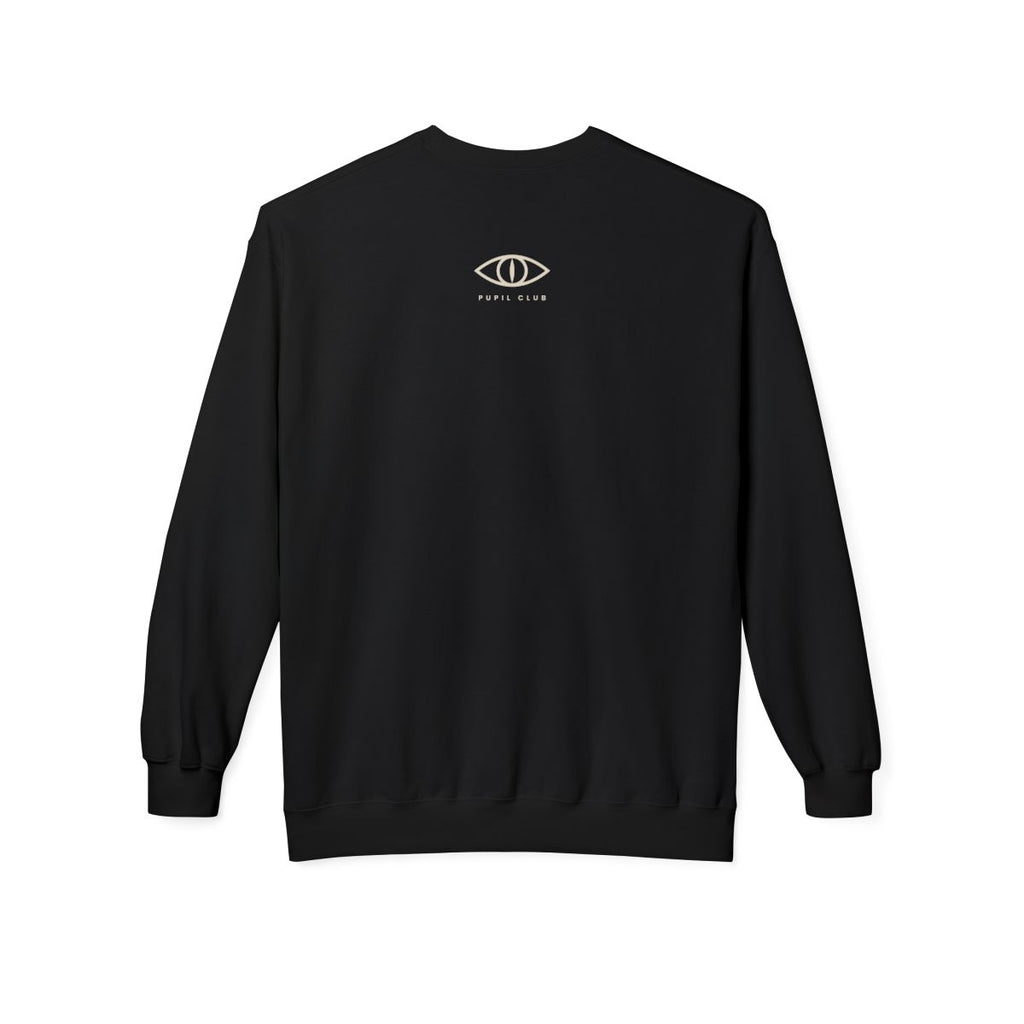 Tap In Crewneck in black, back view with the cream Pupil Club eye mark below the collar