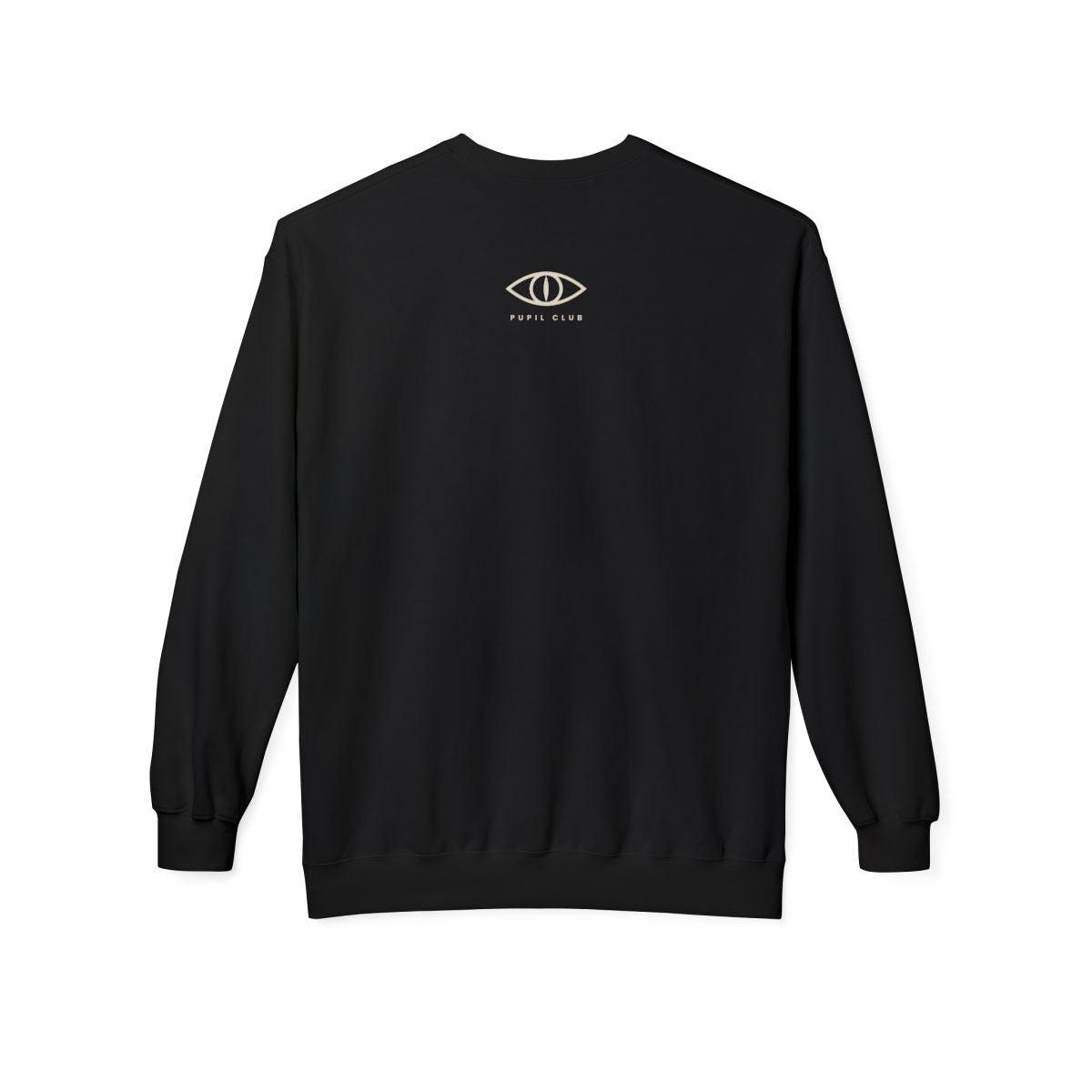 Tap In Crewneck in black, back view with the cream Pupil Club eye mark below the collar