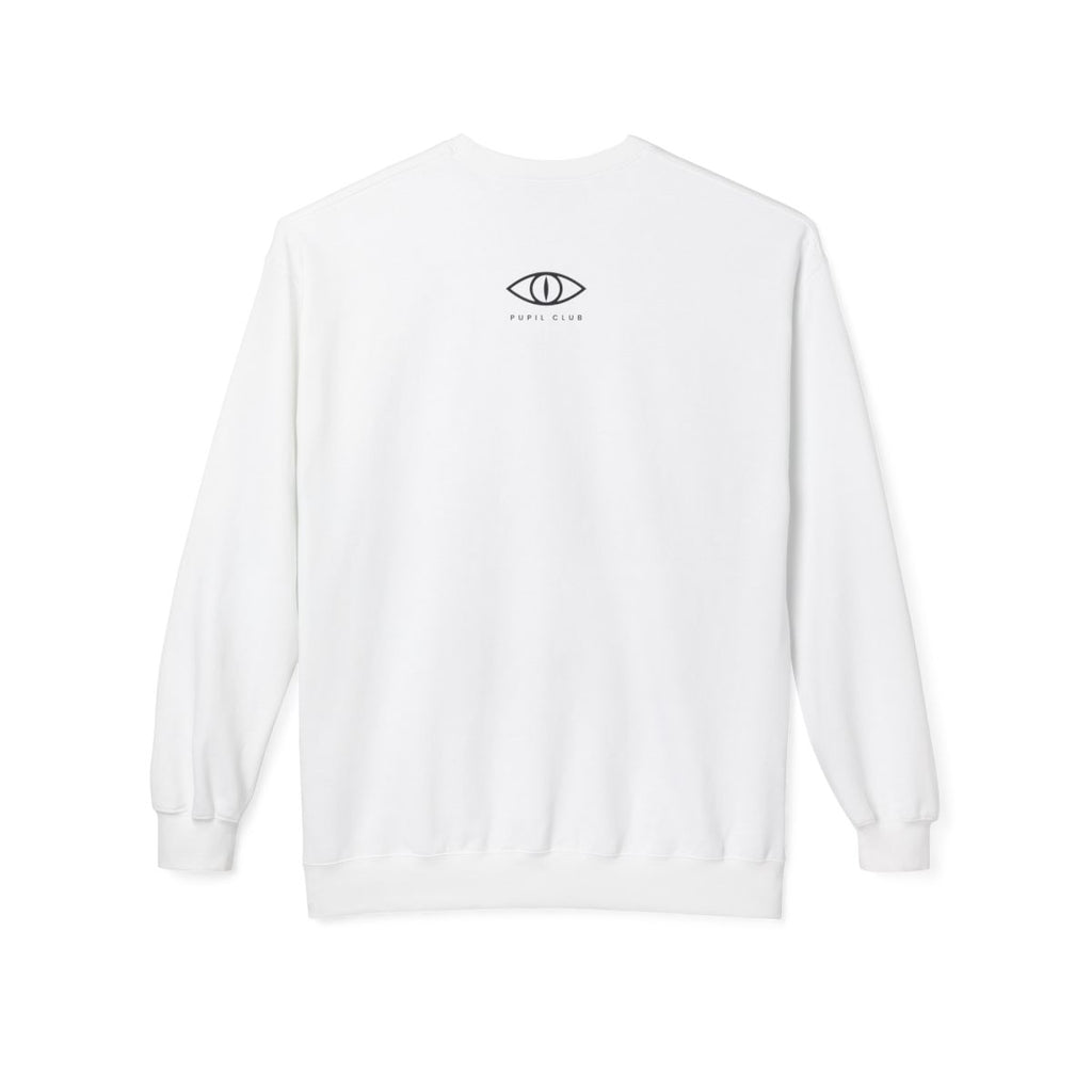 Tap In Crewneck in white, back view with the charcoal Pupil Club eye mark below the collar