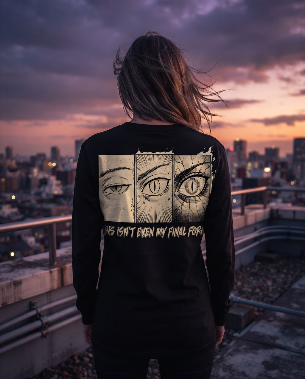 Final Form Long Sleeve, three-panel back print, on a rooftop at dusk
