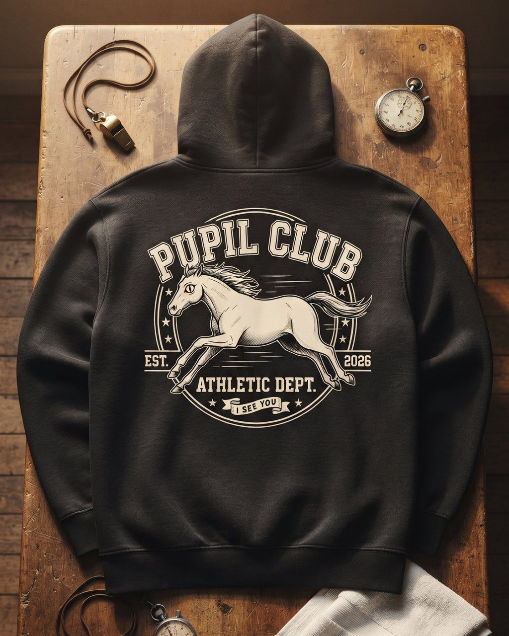 Athletic Dept. Hoodie flat lay on a locker-room bench